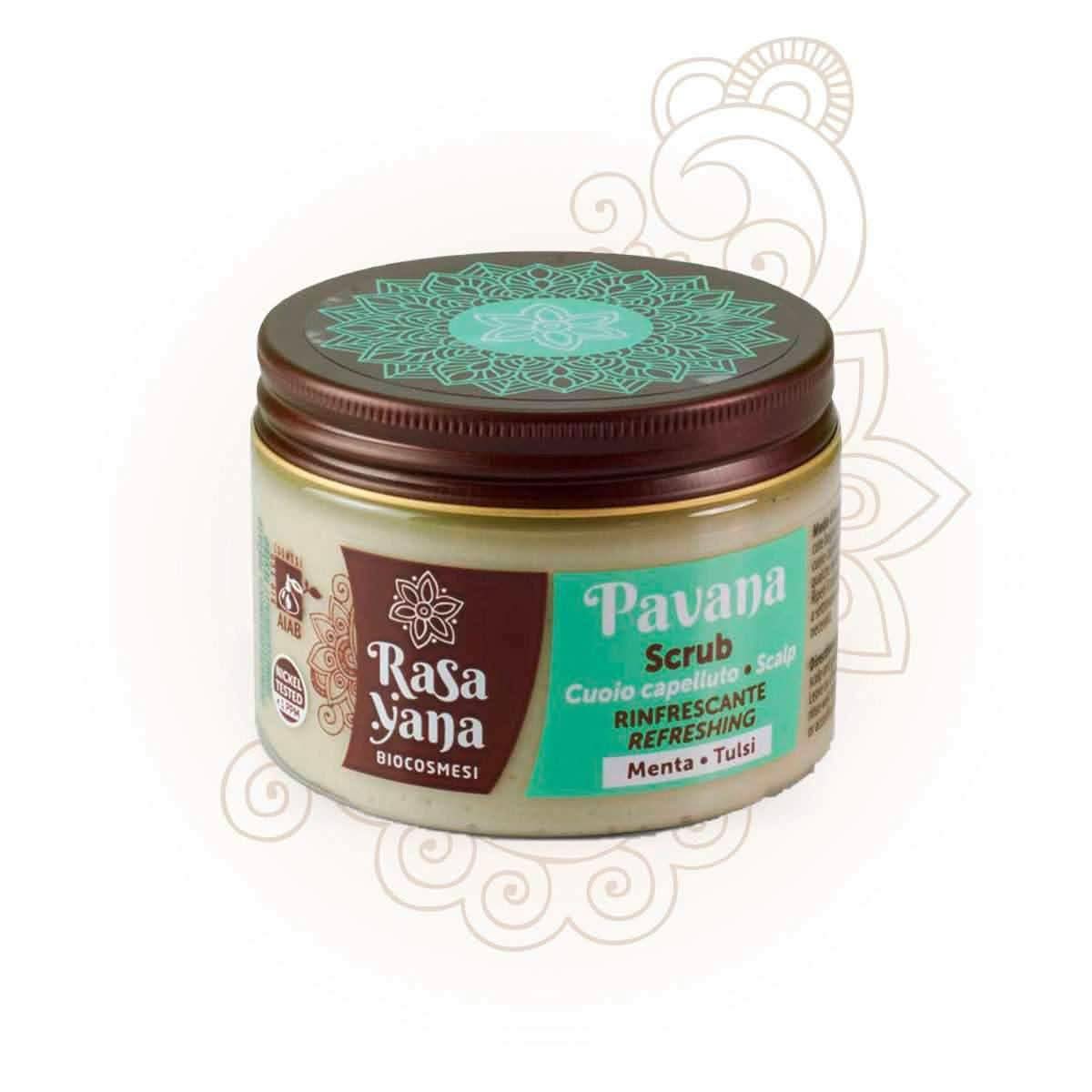 Rasayana Pavana Refreshing Scalp Scrub in a clear jar with a brown lid and teal label.