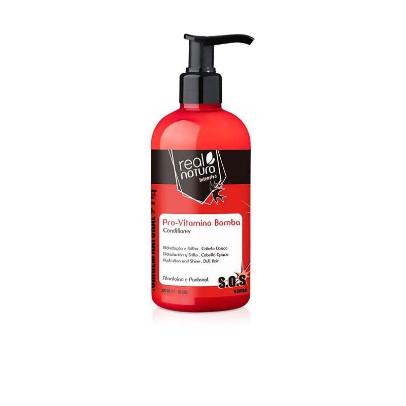 Real Natura Pro-Vitamina Bomba Conditioner, 300ml red bottle with black pump dispenser.