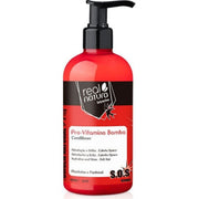 Real Natura Pro-Vitamina Bomba Conditioner, a red 300ml bottle with a black pump dispenser.