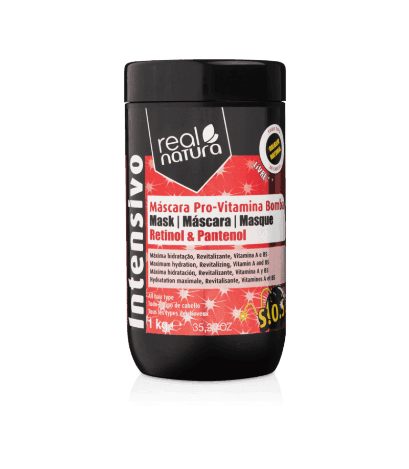 Real Natura Vitamin Bomb Pro Mask 1kg, black jar with red and white text, for all hair types.