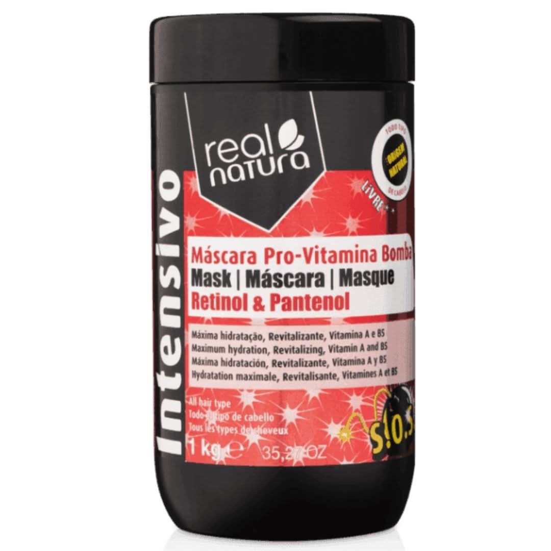 Black Real Natura Vitamin Bomb Pro Mask 1kg jar with red label, white text, and "Intensivo" on the side.