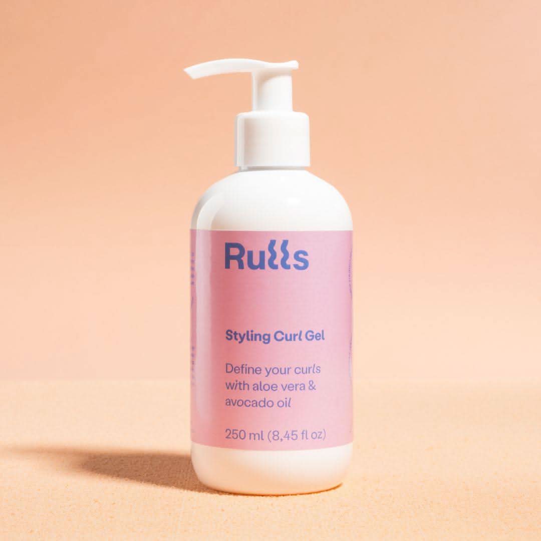 White Rulls Styling Curl Gel bottle with a pink label, pump dispenser, 250 ml size.