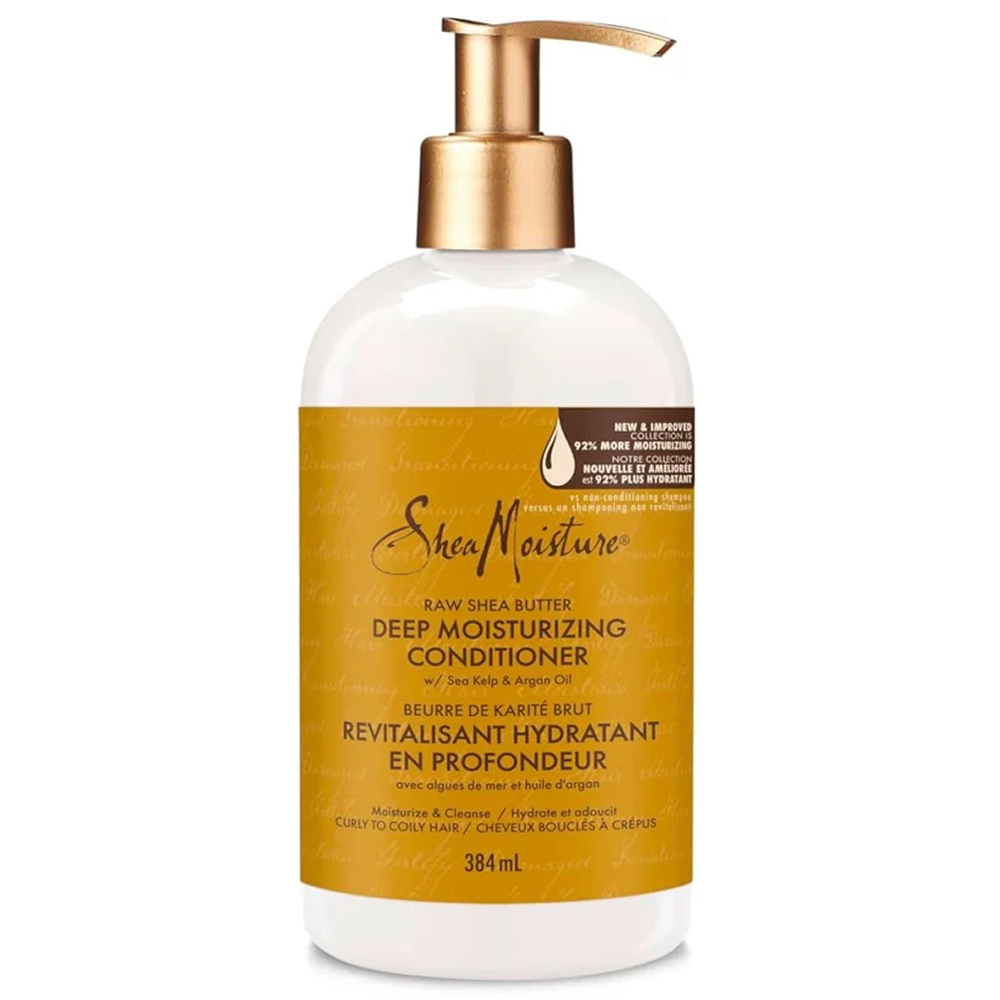 Shea Moisture Deep Moisturizing Conditioner, 384ml, white bottle with gold pump and yellow label.