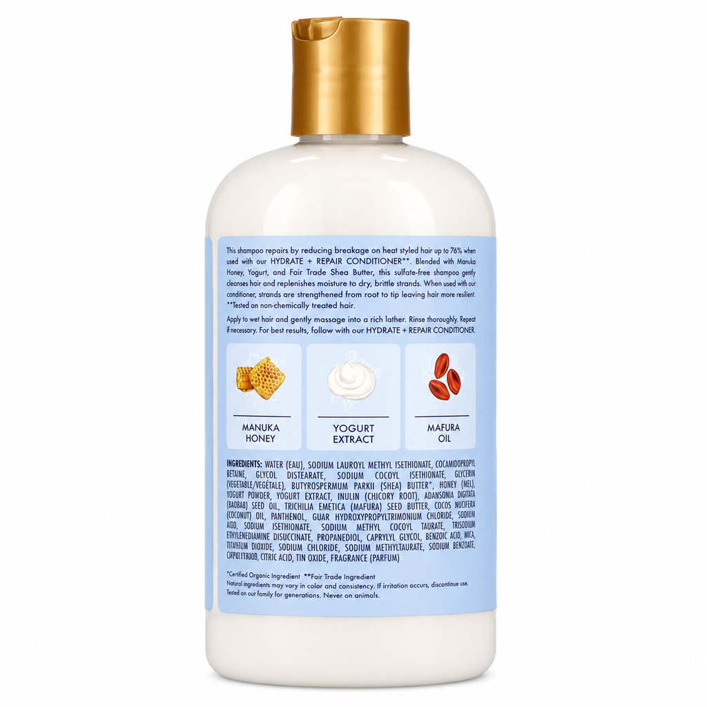 White Shea Moisture Manuka Honey & Yogurt Hydrate + Repair Shampoo 384ml bottle with gold cap, ingredients, and product details.