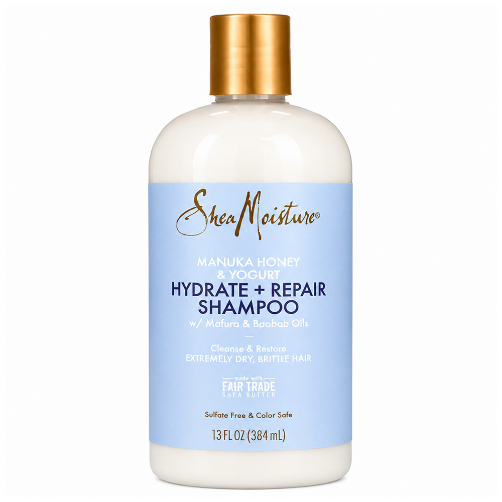 Shea Moisture Manuka Honey & Yogurt Hydrate + Repair Shampoo, 384ml, white bottle with gold cap and blue label.