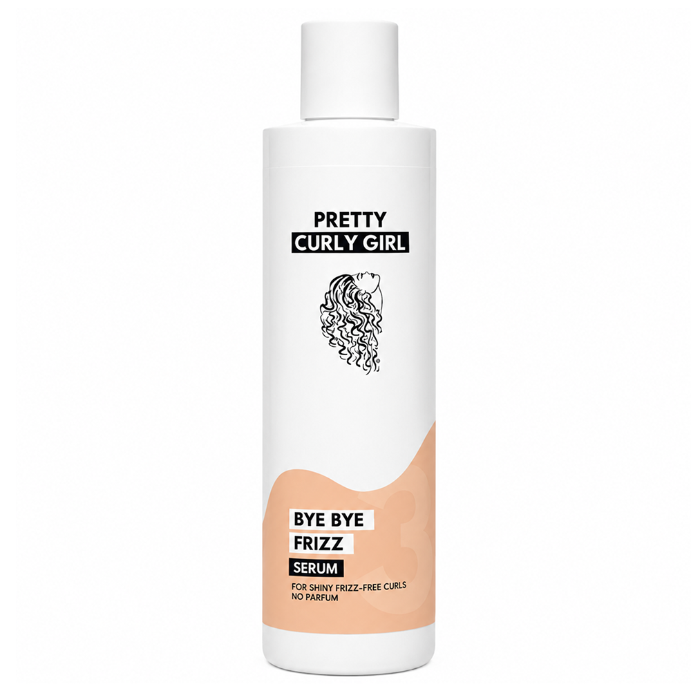 White Pretty Curly Girl Bye Bye Frizz Serum 150ml bottle with peach accents and curly hair logo.
