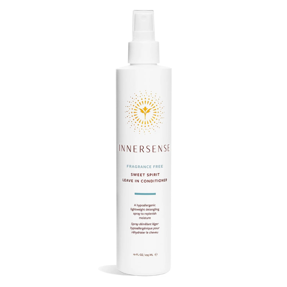White Innersense Sweet Spirit Leave-in Conditioner spray bottle with a gold sun logo.