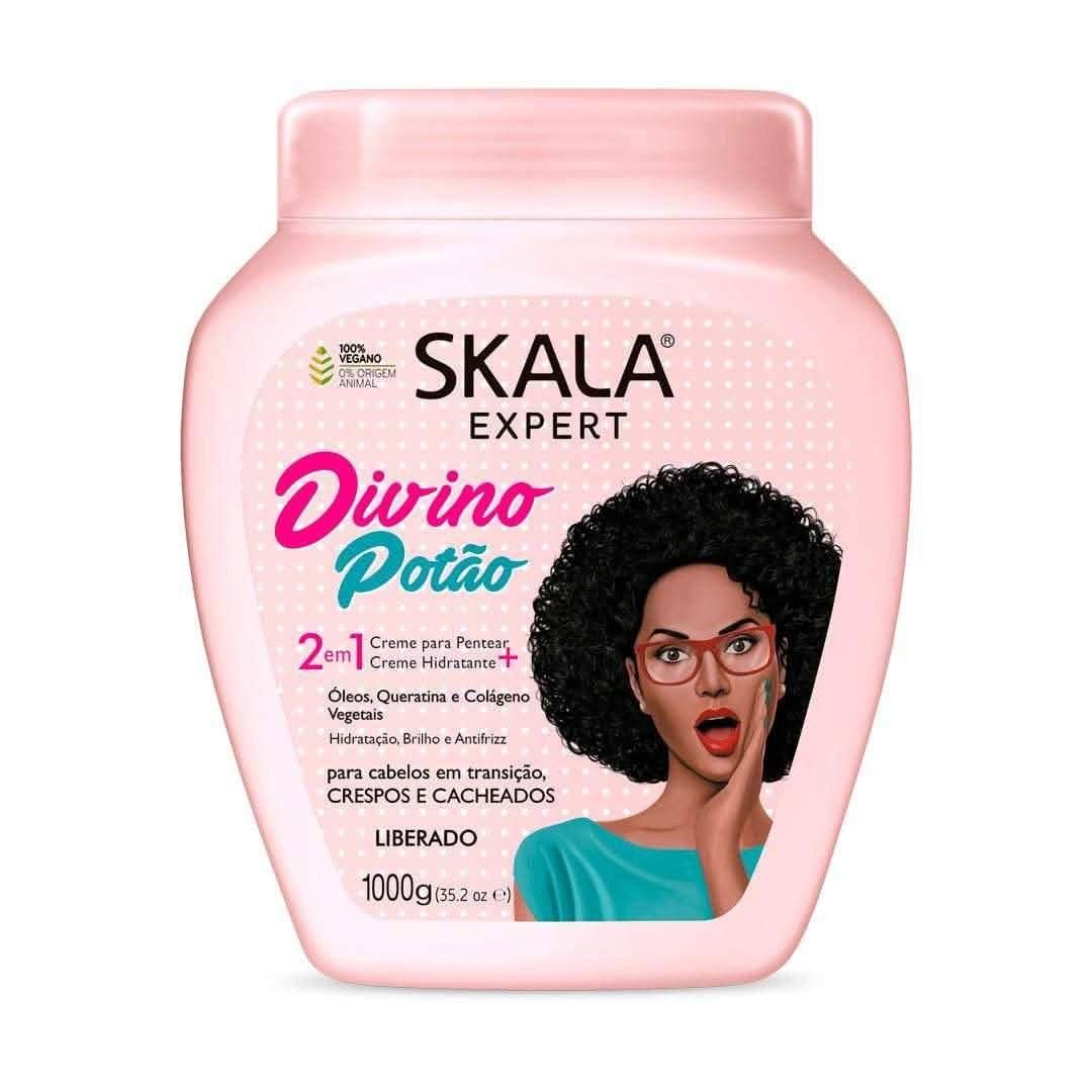 Pink Skala Divino Potão 1000g hair cream with a woman with curly hair on the label.
