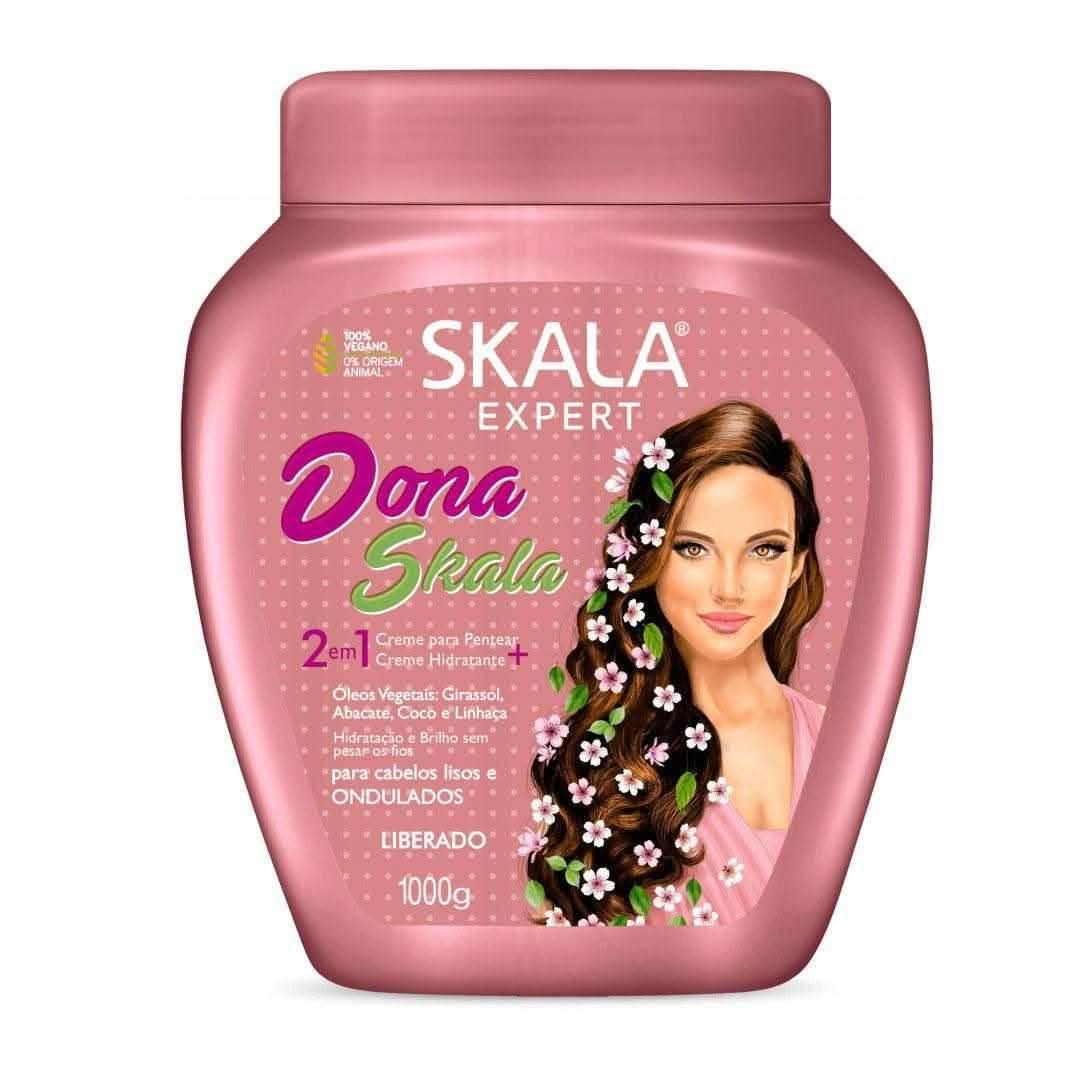 Pink Skala Dona Skala 1000g treatment cream conditioner with a woman and flowers on the label.