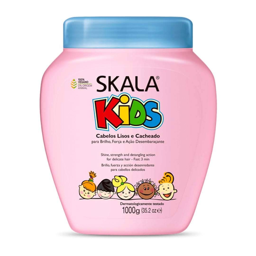 Pink Skala Kids 1000g conditioner bottle with blue cap and diverse cartoon children.