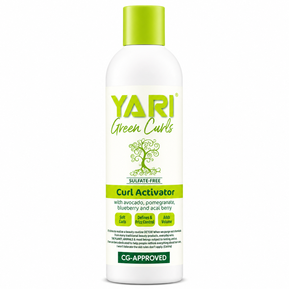 Yari Green Curls Curl Activator, a white bottle with a bright green cap and label, featuring a tree logo.