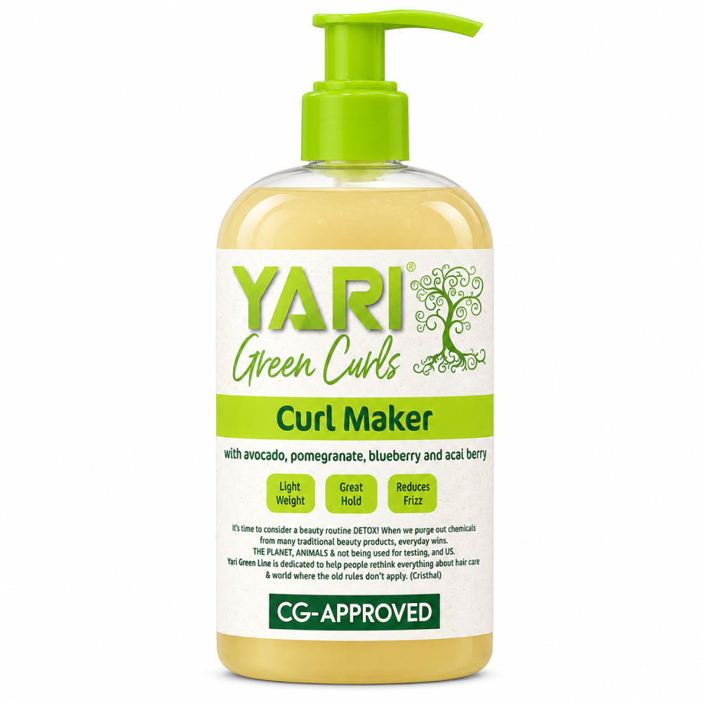 Yari Green Curls Curl Maker, 384ml clear bottle with green pump and label, for wavy, curly, coily hair.