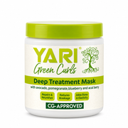 White Yari Green Curls Deep Treatment Mask jar with bright green lid and label, featuring a tree logo.