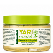 Yari Green Curls Extreme Hold Edge Gel in a clear jar with a bright green lid.