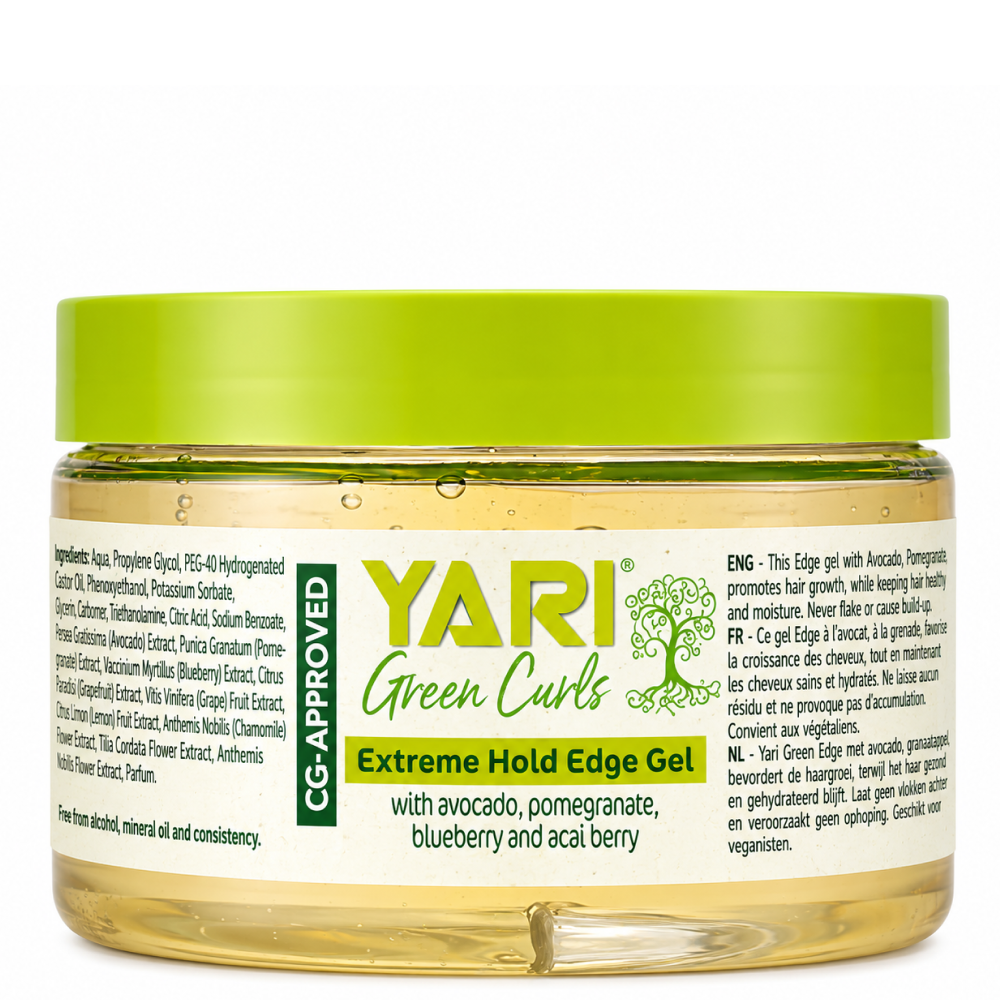 Yari Green Curls Extreme Hold Edge Gel in a clear jar with a bright green lid.