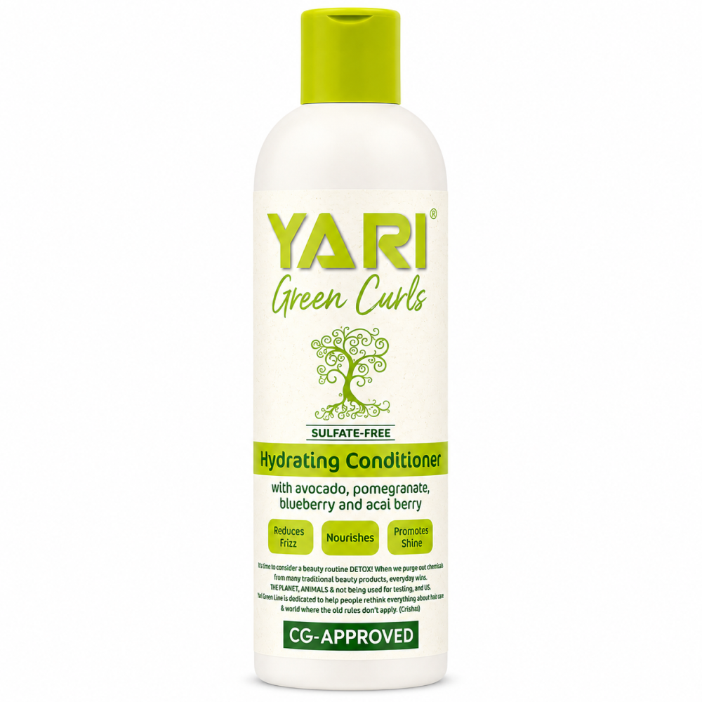 White Yari Green Curls Hydrating Conditioner bottle with a bright green flip-top cap and a tree logo.