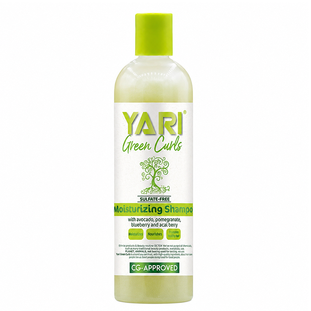 Yari Green Curls Sulfate-Free Moisturizing Shampoo, 355ml clear bottle with a bright green cap and label.