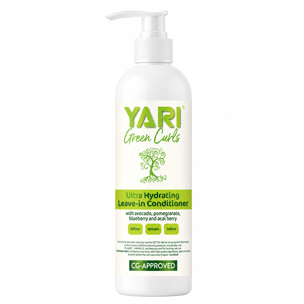 White Yari Green Curls 500ml Ultra Hydrating Leave-in Conditioner bottle with pump dispenser.
