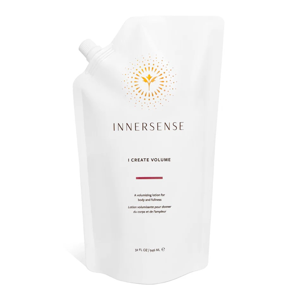 White Innersense I Create Volume 32 fl oz pouch with gold sunburst logo and text.