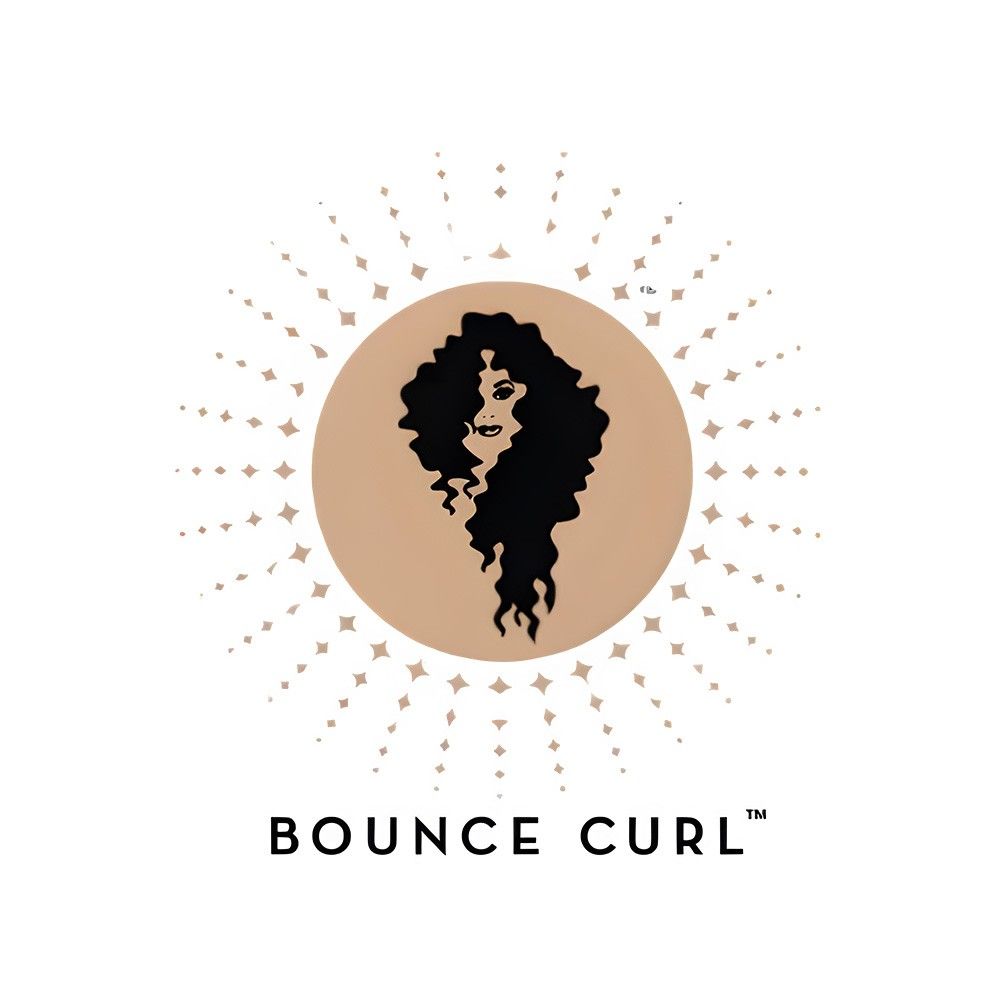 Logo of Bounce Curl with a silhouette of a woman with styled hair on a beige circle.