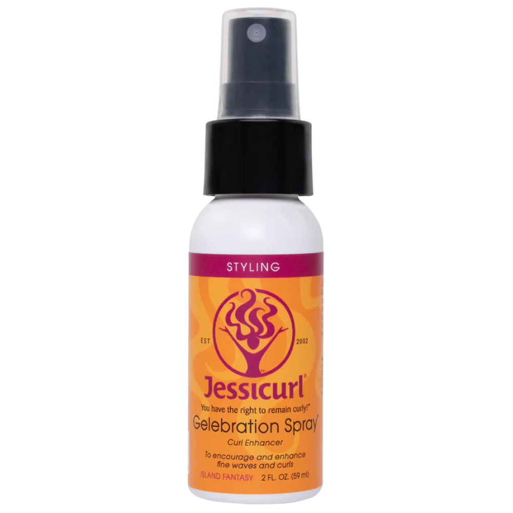 White Jessicurl Gelebration Spray bottle with orange and pink label, black spray top, 2 fl oz.