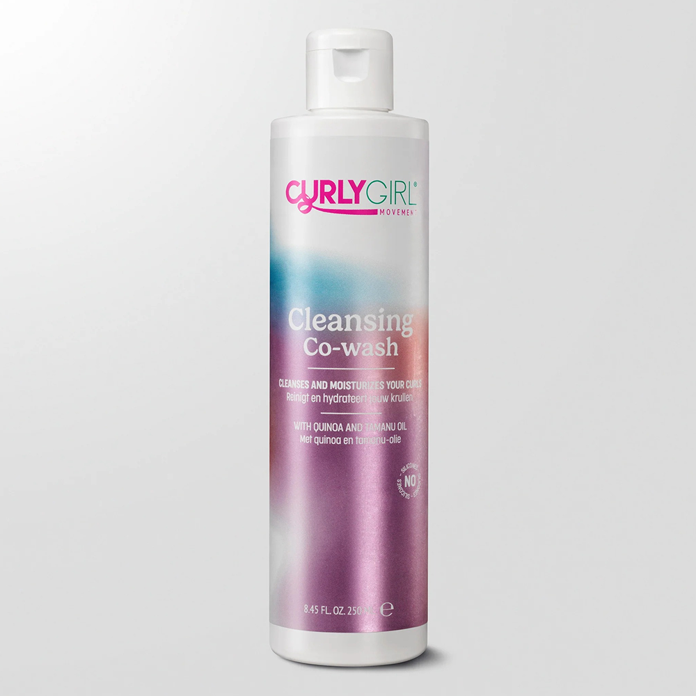 White Curly Girl Movement Cleansing Co-Wash 250ml bottle with colorful pink and blue label.