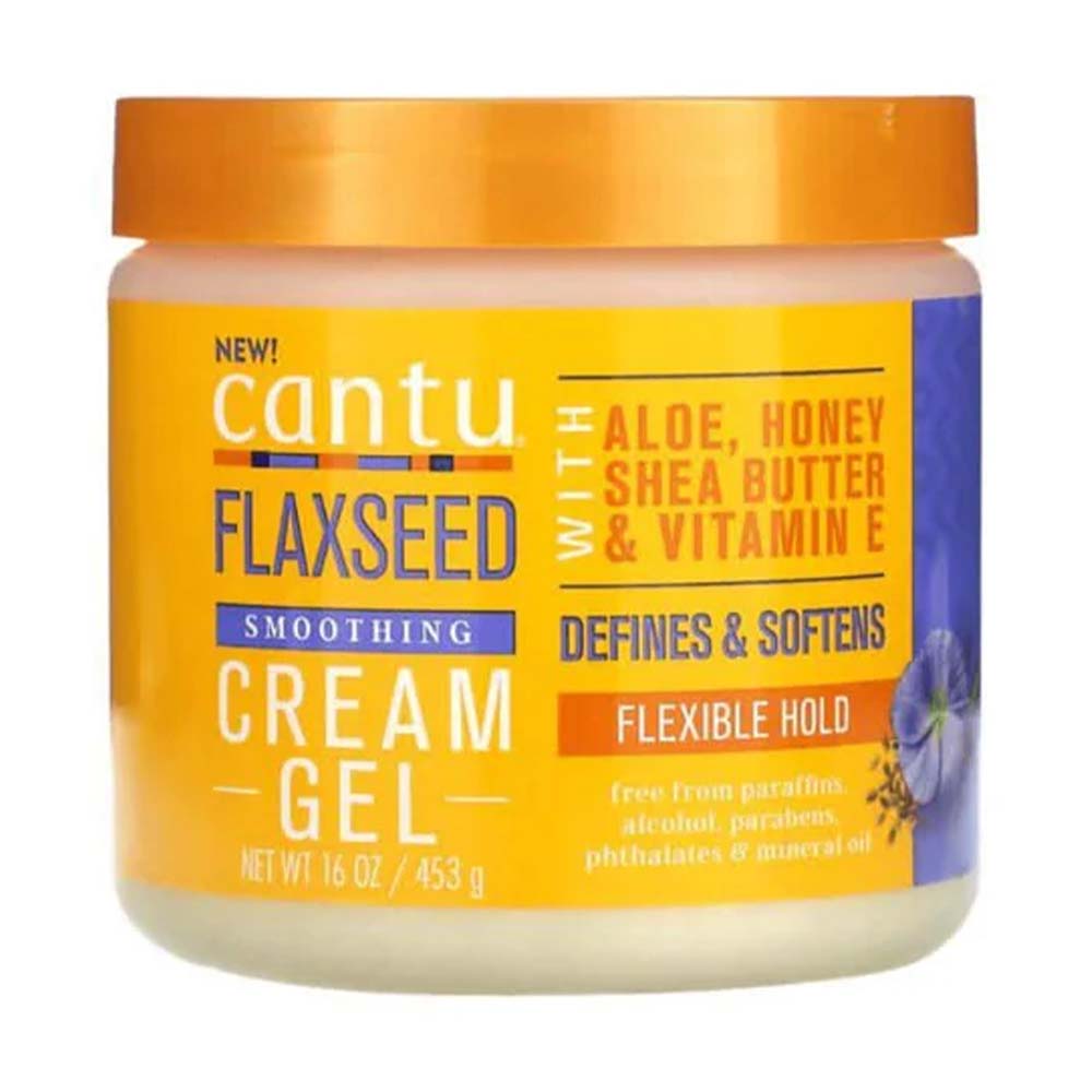 Cantu Flaxseed Smoothing Cream Gel 453g in a white jar with an orange lid, blue and yellow label.