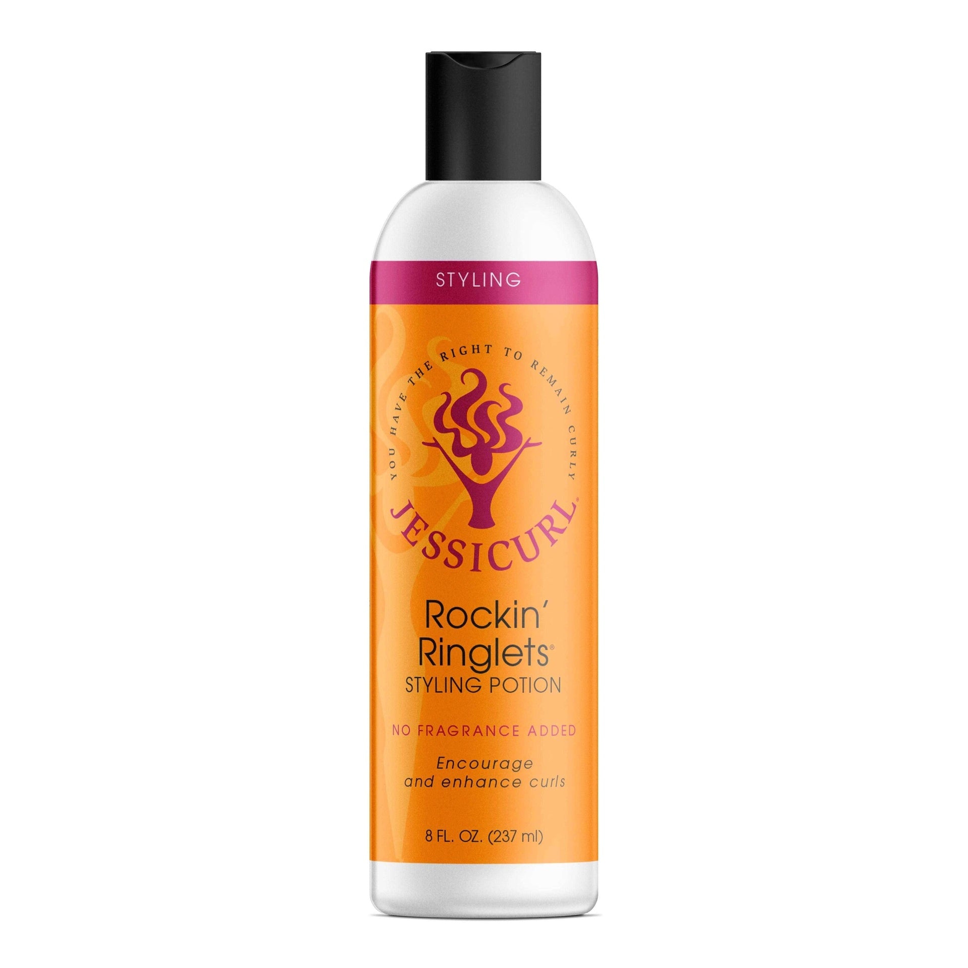 Jessicurl Rockin' Ringlets Styling Potion in an 8 fl oz white bottle with an orange and pink label.
