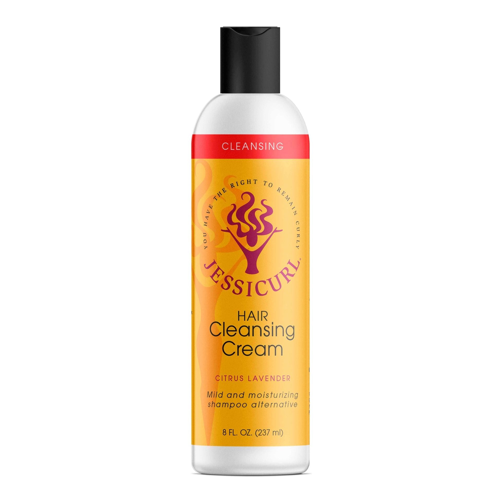 White Jessicurl Hair Cleansing Cream bottle with black flip cap, orange and red label, 8 fl oz.