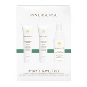 Innersense Hydrate Travel Trio: three white bottles (shampoo, conditioner, leave-in) with gold sun logo on white card.