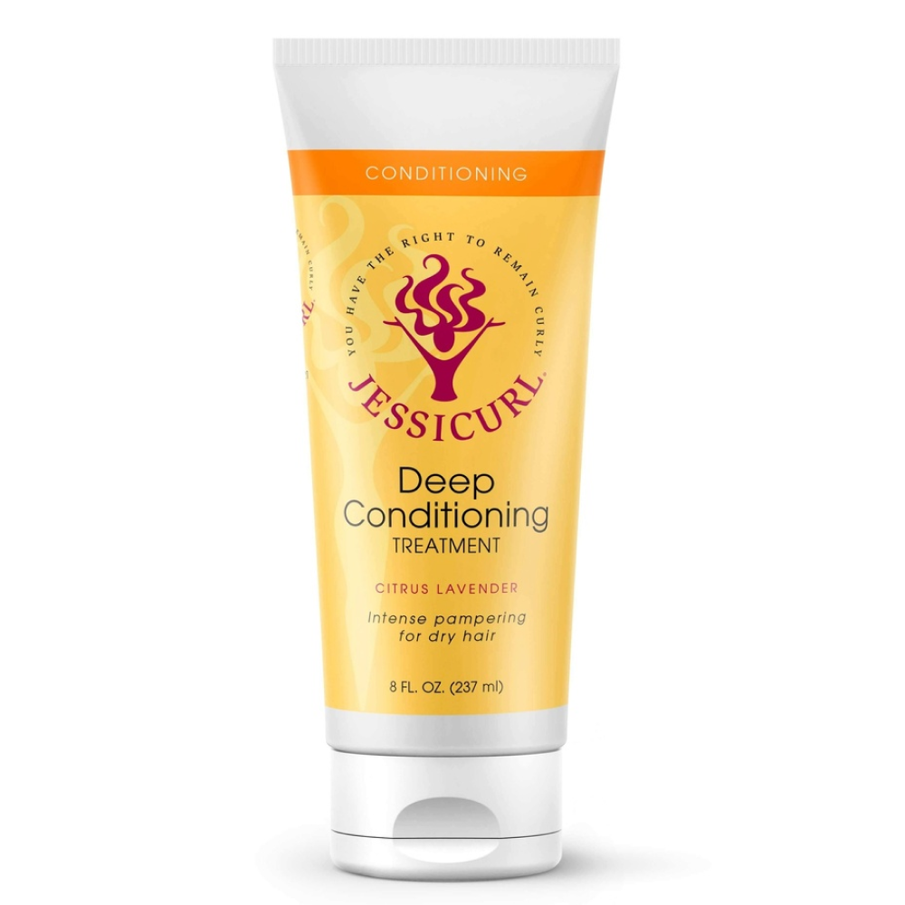 Jessicurl Deep Conditioning Treatment, a yellow tube with an orange top and white flip cap.