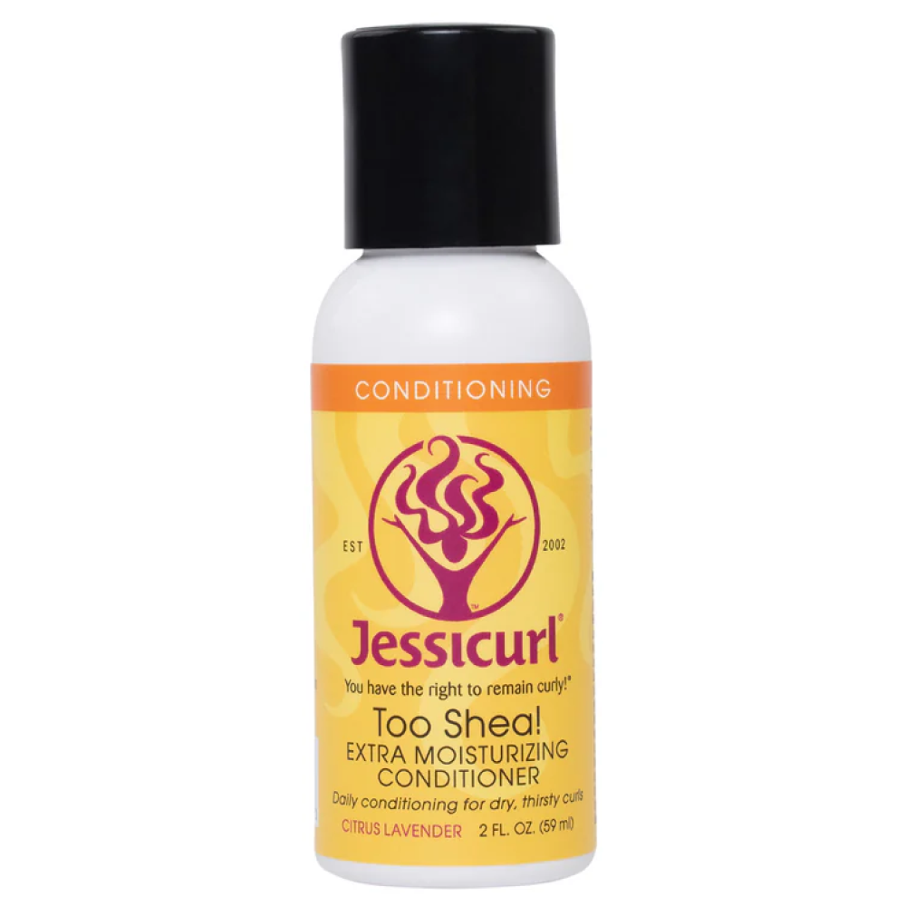 White Jessicurl Too Shea! Extra Moisturizing Conditioner bottle with yellow and orange label, black cap.
