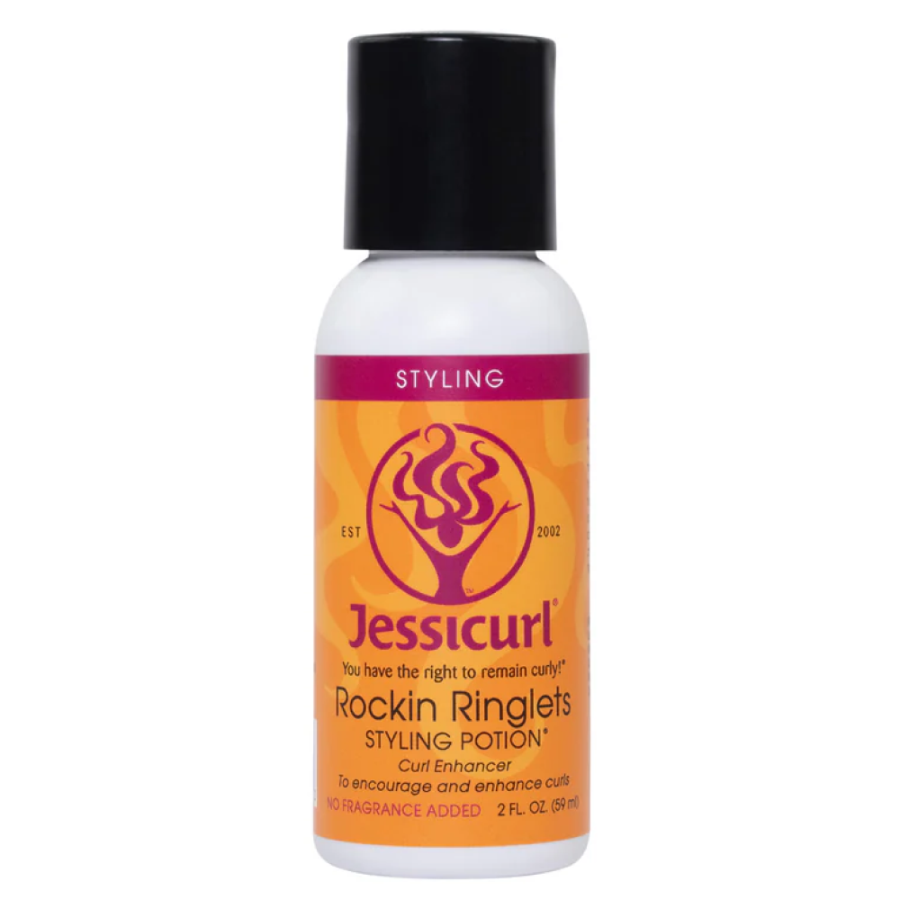 Jessicurl Rockin' Ringlets Styling Potion in a white 2 fl oz bottle with a black cap and orange label.