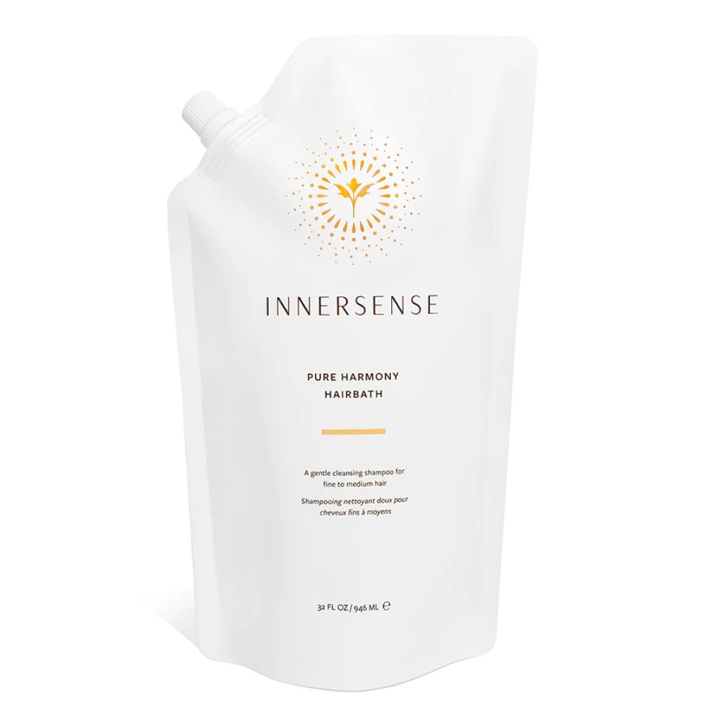 Innersense Pure Harmony Hairbath 32oz white refill pouch with orange sunburst logo.