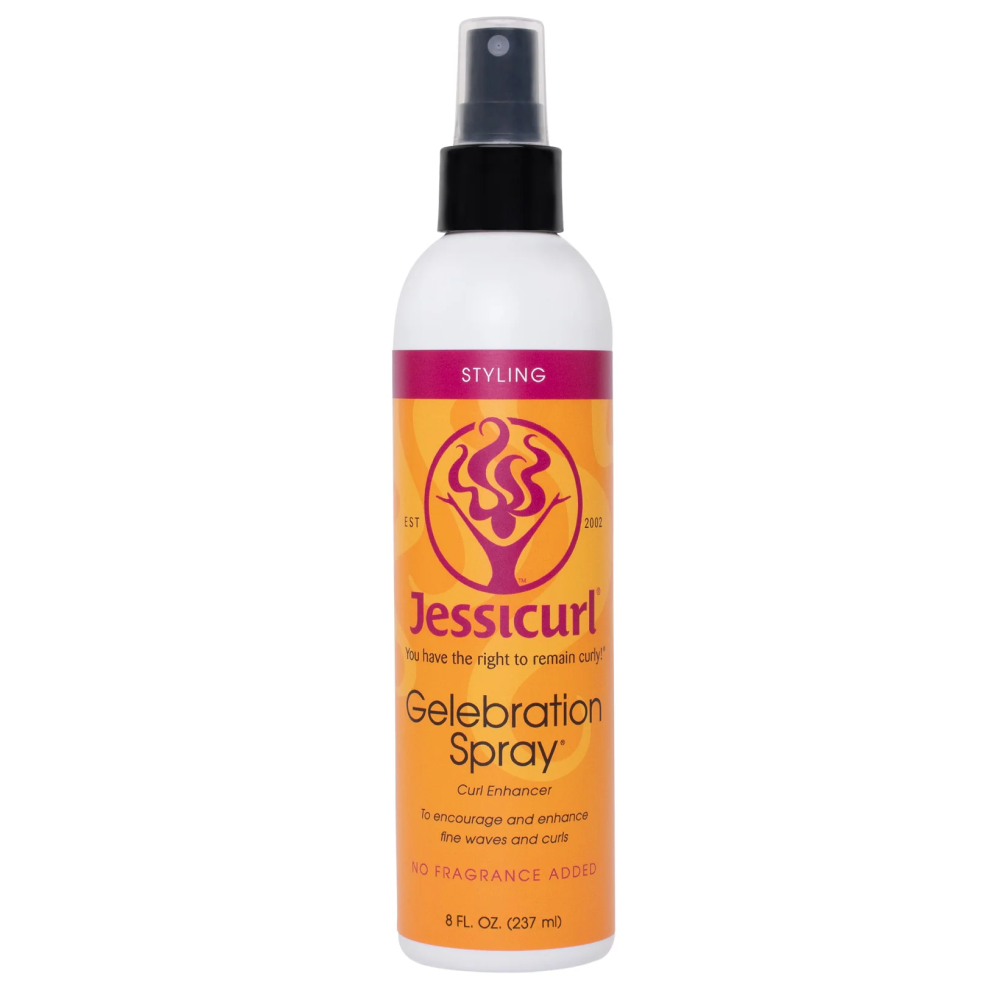 White Jessicurl Gelebration Spray bottle with orange and pink label, black spray top.